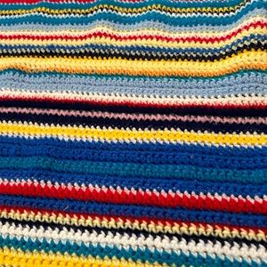 bright blue, yellow, white handmade crochet throw, blanket with fringes